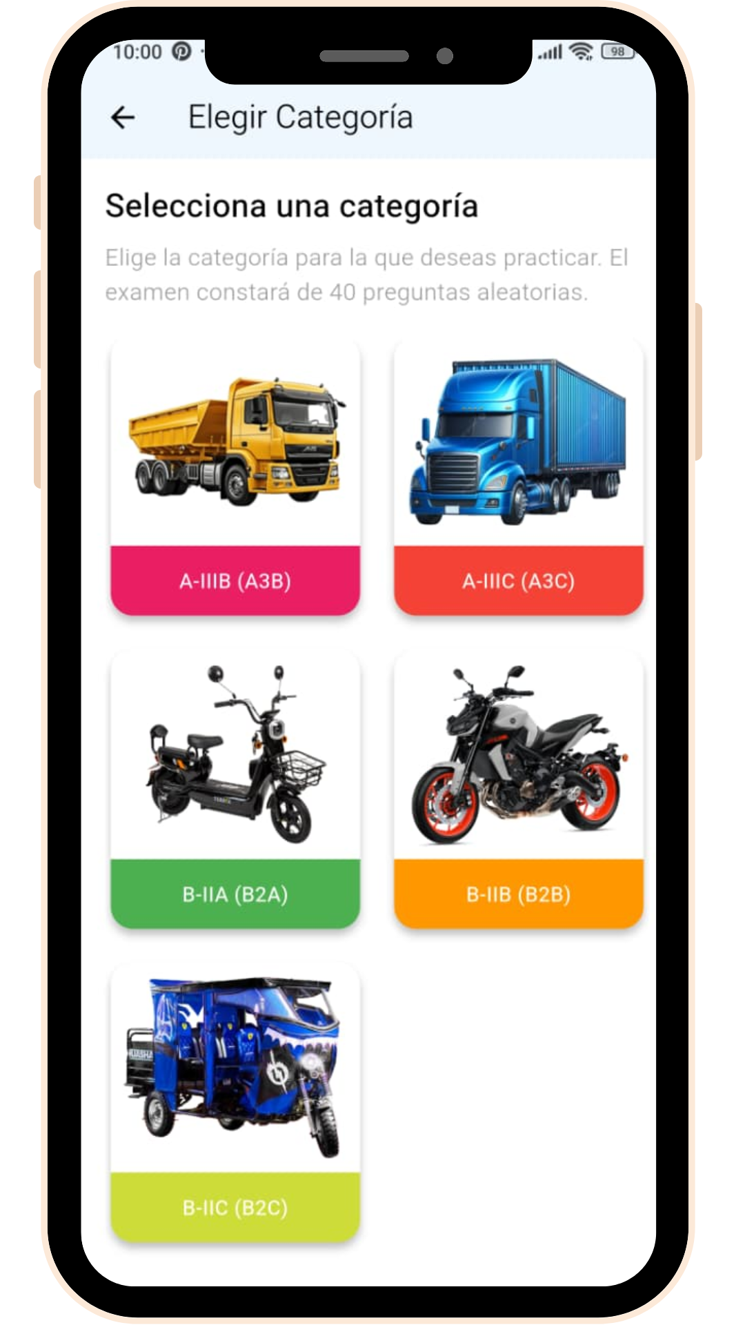Selección de categorías de licencia